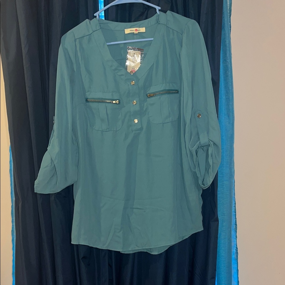 Wishful Park Teal Blouse with Zippered Pockets